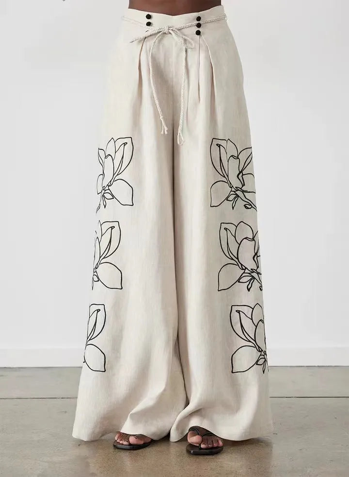 European And American Spring And Summer Fashion Cotton And Linen Printed Wide-leg Pants Suit - Bellarte Enchanté European And American Spring And Summer Fashion Cotton And Linen Printed Wide-leg Pants Suit